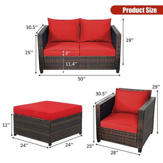 5 Pieces Patio Cushioned Rattan Furniture Set-Red