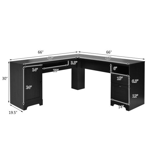 66 Inch L-Shaped Writing Study Workstation Computer Desk with Drawers-Black