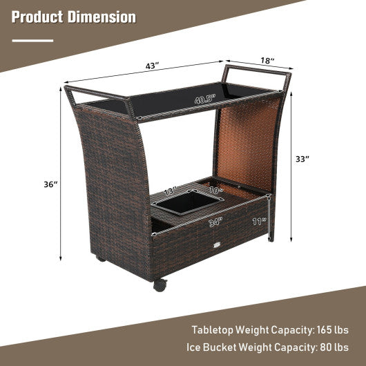 Patio Rattan Bar Serving Cart with Glass Top and Handle