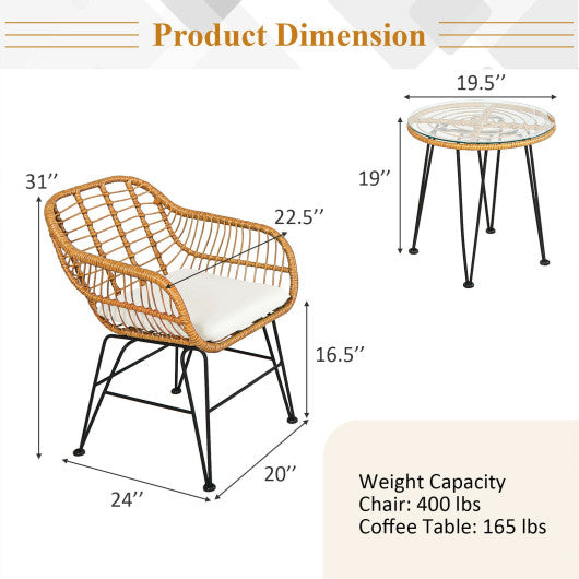 3 Pieces Rattan Furniture Set with Cushioned Chair Table-White