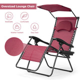 Folding Recliner Lounge Chair with Shade Canopy Cup Holder-Dark Red