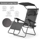 Folding Recliner Lounge Chair with Shade Canopy Cup Holder-Black