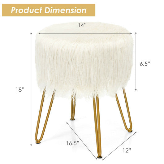 Faux Fur Vanity Stool Chair with Metal Legs for Bedroom and Living Room-White