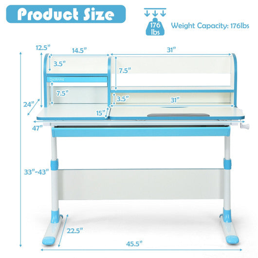 Adjustable Height Study Desk with Drawer and Tilted Desktop for School and Home-Blue