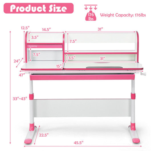 Adjustable Height Study Desk with Drawer and Tilted Desktop for School and Home-Pink