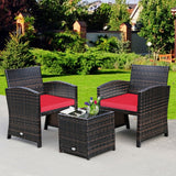 3 Pieces PE Rattan Wicker Furniture Set with Cushion Sofa Coffee Table for Garden-Red