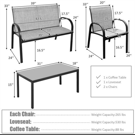 4 Pieces Patio Furniture Set with Glass Top Coffee Table-Gray