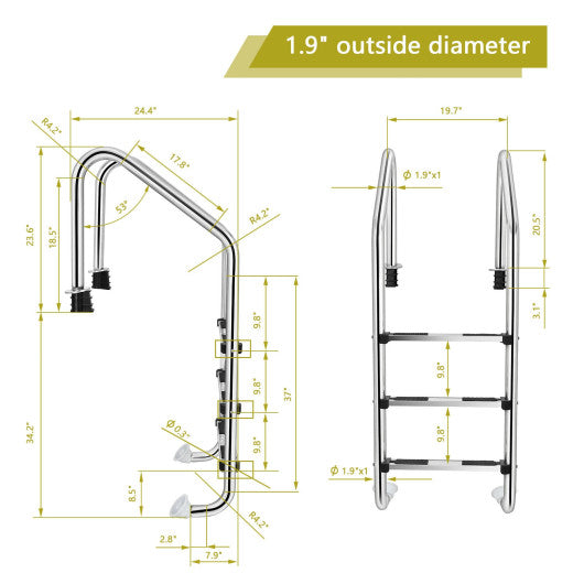 3-Step Stainless Steel Swimming Pool Ladder with Anti-Slip Step
