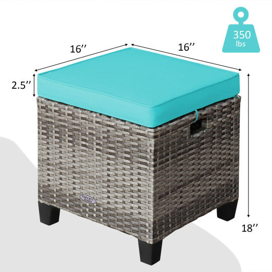 2PCS Patio Rattan Wicker Ottoman Seat with Removable Cushions-Turquoise