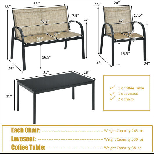 4 Pieces Patio Furniture Set with Glass Top Coffee Table-Brown