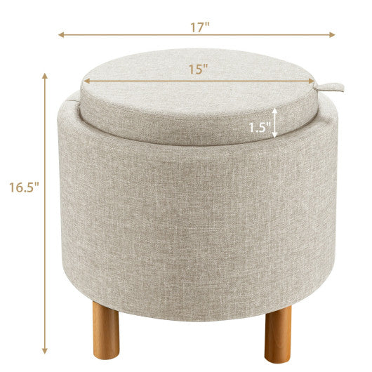 Round Fabric Storage Ottoman with Tray and Non-Slip Pads for Bedroom-Beige