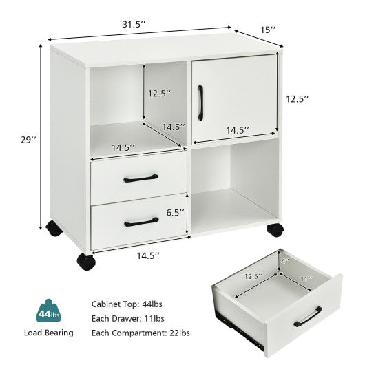 Mobile File Cabinet with Lateral Printer Stand and Storage Shelves -White