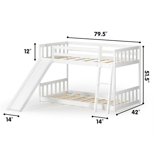 Twin over Twin Bunk Wooden Low Bed with Slide Ladder for Kids-White