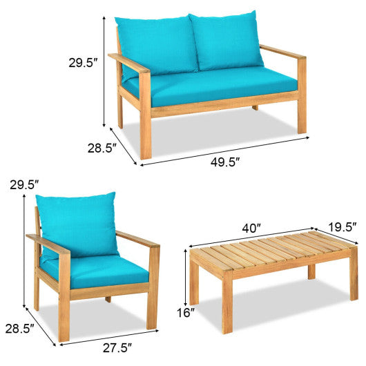 Outdoor 4 Pieces Acacia Wood Chat Set with Water Resistant Cushions-Turquoise