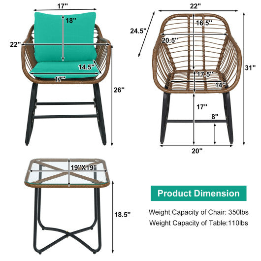 3 Pieces Patio Rattan Bistro Set Cushioned Chair Glass Table Deck-Turquoise