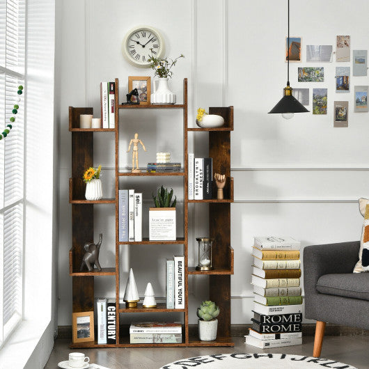 Tree-Shaped Bookshelf with 13 Compartments-Rustic Brown