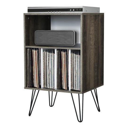 Freestanding Record Player Stand Record Storage Cabinet with Metal Legs-Gray