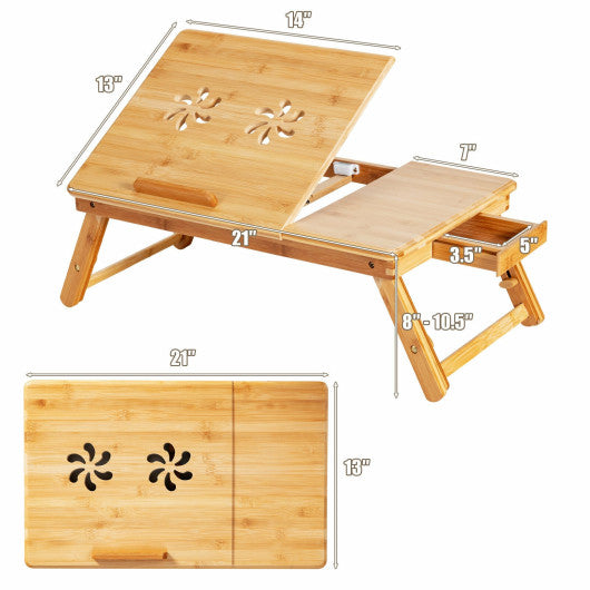 Bamboo Laptop Lap Tray with Adjustable Legs and Tilting Heat-dissipation Top-Natural