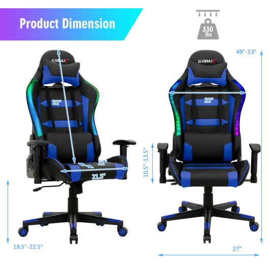 Adjustable Swivel Gaming Chair with LED Lights and Remote-Blue