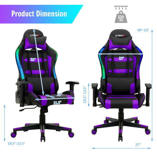 Adjustable Swivel Gaming Chair with LED Lights and Remote-Purple