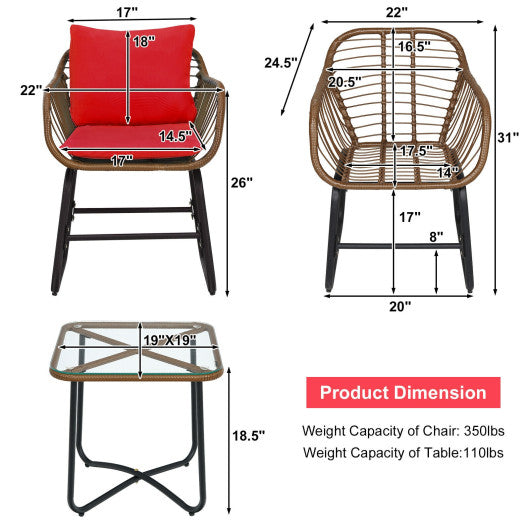 3 Pieces Patio Rattan Bistro Set Cushioned Chair Glass Table Deck-Red