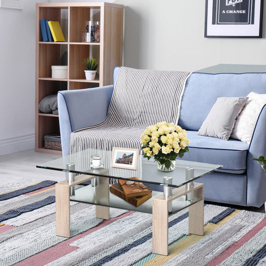 Rectangle Glass Coffee Table with Metal Legs for Living Room-Natural