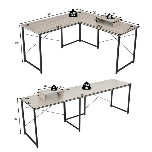 95 Inch 2-Person L-Shaped Long Reversible Computer Desk with Monitor Stand-Gray