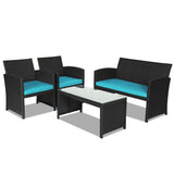 4 Pieces Rattan Patio Furniture Set with Weather Resistant Cushions and Tempered Glass Tabletop-Turquoise