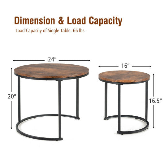 Set of 2 Modern Round Stacking Nesting Coffee Tables for Living Room-Rustic Brown