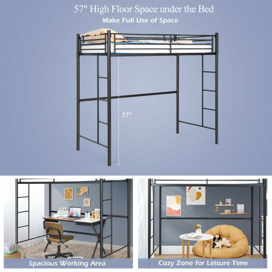 Twin Loft Bed Frame with 2 Ladders Full-length Guardrail -Black