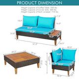 4 Pieces Patio Cushioned Rattan Furniture Set with Wooden Side Table-Turquoise