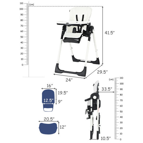Foldable High chair with Multiple Adjustable Backrest-White