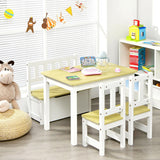 4 Pieces Kids Wooden Activity Table and Chairs Set with Storage Bench and Study Desk-Natural