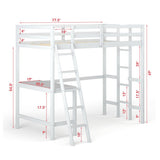 Twin Size Loft Bed Frame with Desk Angled and Built-in Ladder-White