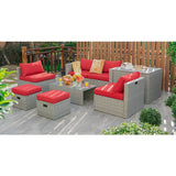 8 Pieces Patio Rattan Furniture Set with Storage Waterproof Cover and Cushion-Red