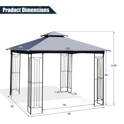10 x 10 Feet L-Shaped Patio Canopy Gazebo Outdoor 2-Tier Steel Tent-Gray