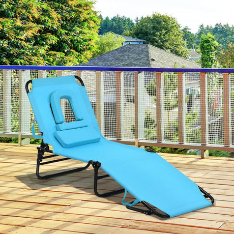 Outdoor Folding Chaise Beach Pool Patio Lounge Chair Bed with Adjustable Back and Hole-Turquoise