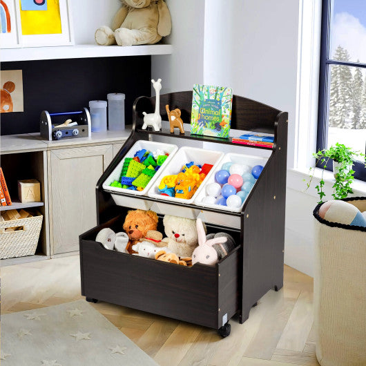 Kids Wooden Toy Storage Unit Organizer with Rolling Toy Box and Plastic Bins-Espresso