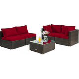 5 Pieces Cushioned Patio Rattan Furniture Set with Glass Table-Red