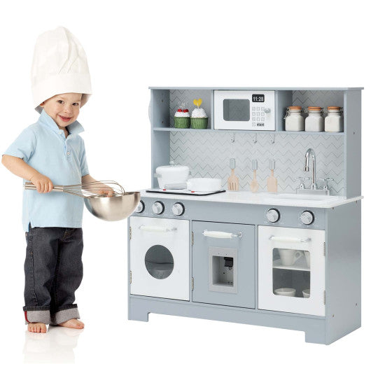 Pretend Play Kitchen Wooden Toy Set for Kids with Realistic Light and Sound