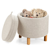 Round Fabric Storage Ottoman with Tray and Non-Slip Pads for Bedroom-Beige