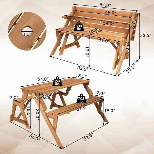 2-in-1 Transforming Interchangeable Wooden Picnic Table Bench with Umbrella Hole-Dark Golden Brown