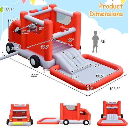 Fire Truck Themed Inflatable Castle Water Park Kids Bounce House with 480W Blower