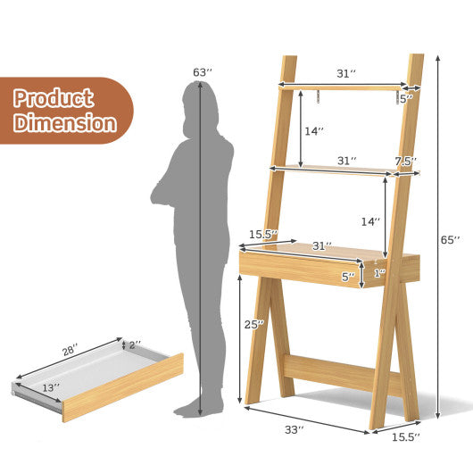 Ladder Shelf Desk Bookcase with Countertop  Drawer and 2 Shelves-Natural