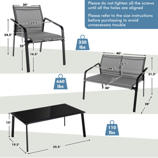 4 Pieces Patio Furniture Set with Armrest Loveseat Sofas and Glass Table Deck-Gray