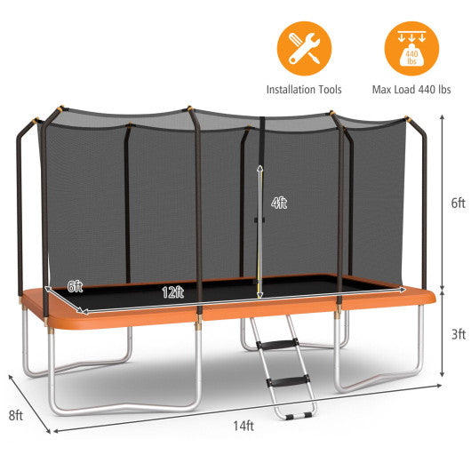 8 x 14 Feet Rectangular Recreational Trampoline with Safety Enclosure Net and Ladder-Orange