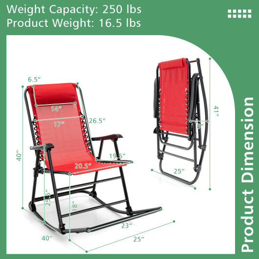 Outdoor Patio Camping Lightweight Folding Rocking Chair with Footrest -Red