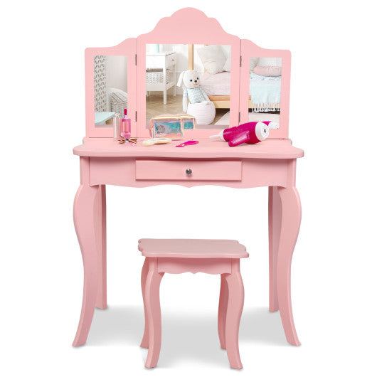 Kids Makeup Dressing Mirror Vanity Table Stool Set-Pink