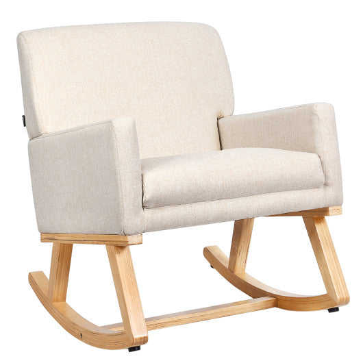 Upholstered Rocking Chair with and Solid Wood Base-Beige
