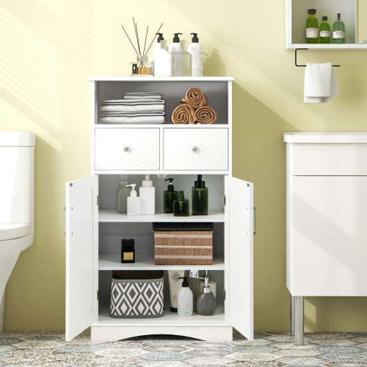 2 Doors Freeestanding Bathroom Floor Cabinet with 2 Drawers and Adjustable Shelves-White